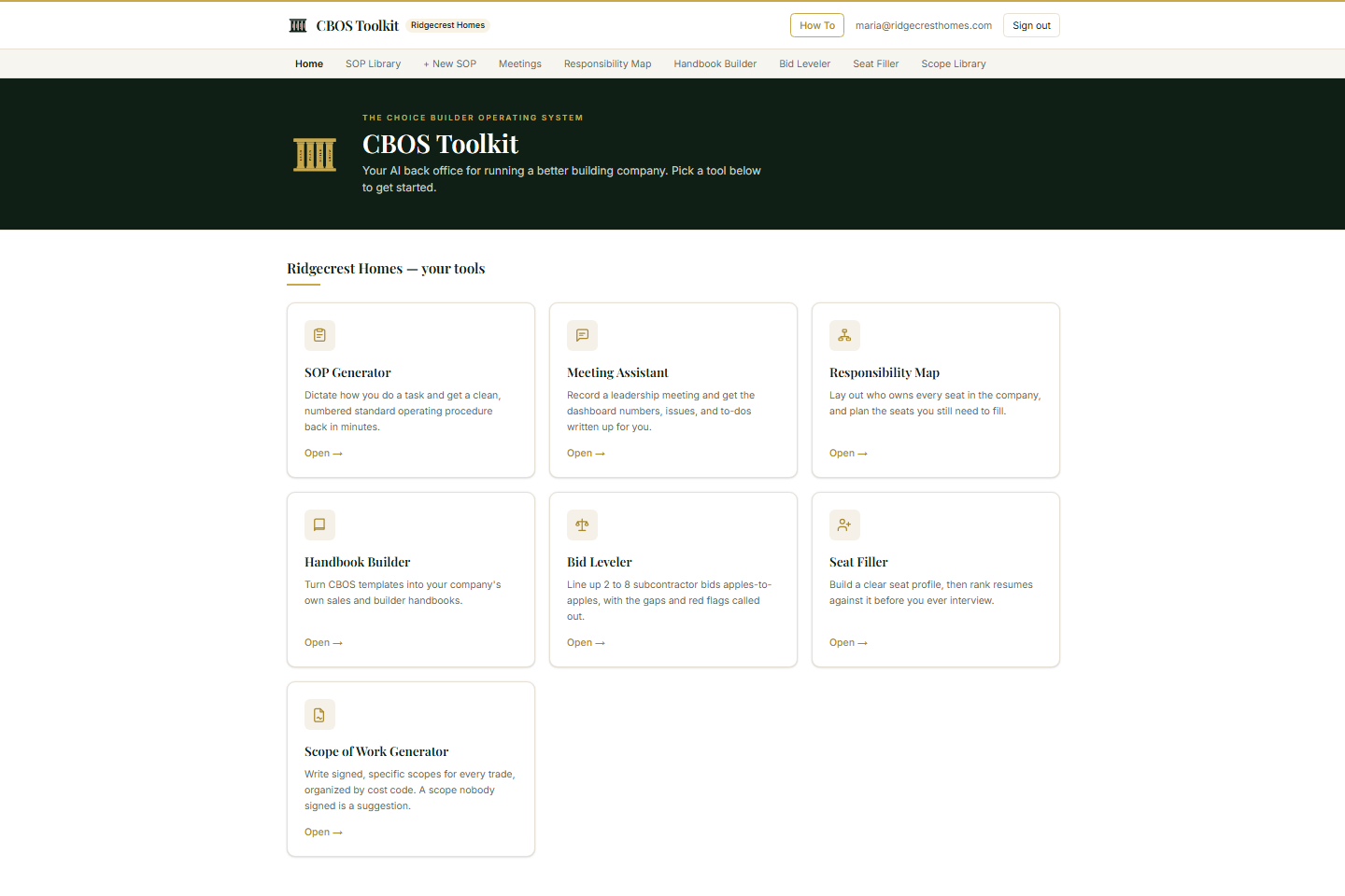 The CBOS Toolkit dashboard showing all seven AI tools available to a builder