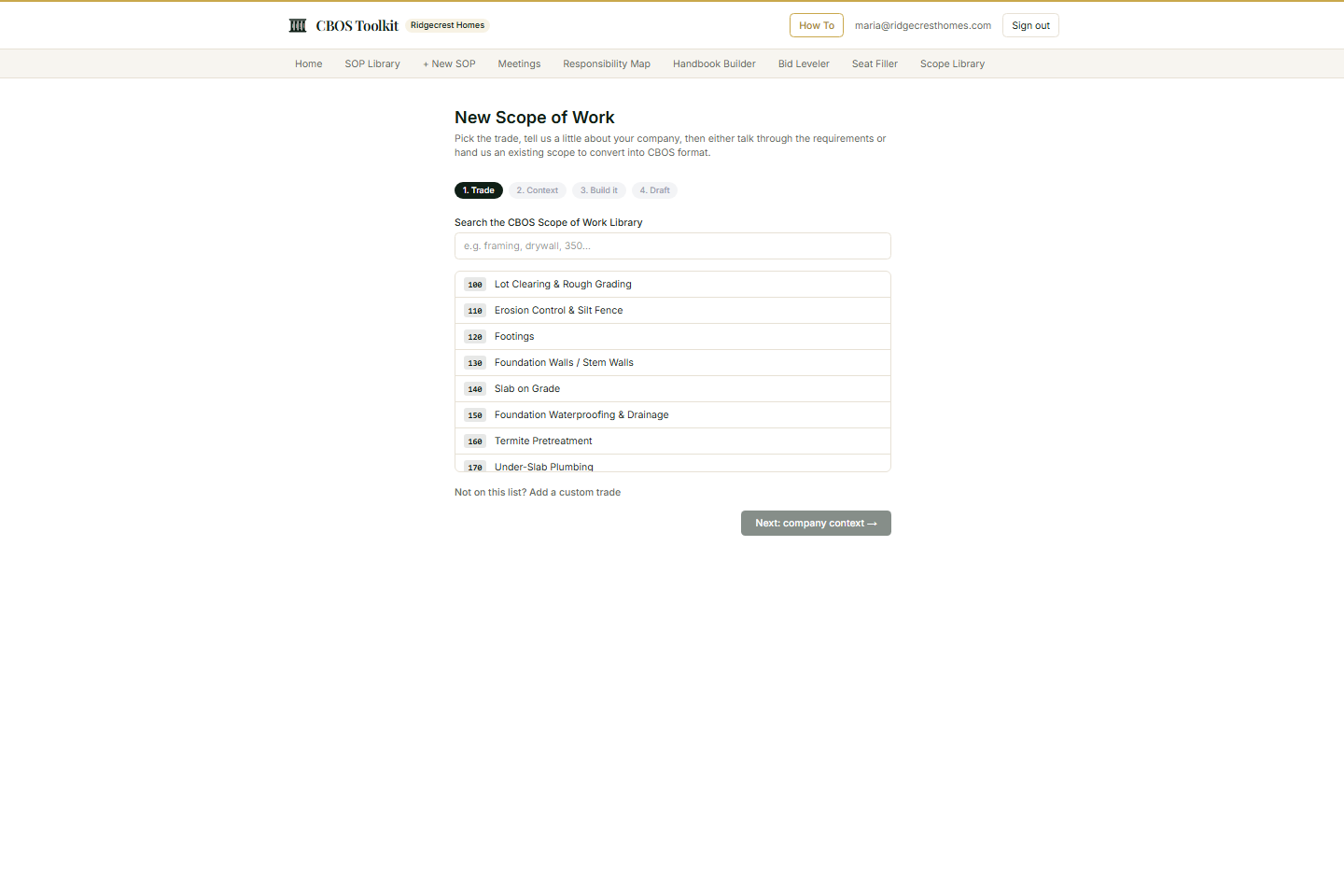 The CBOS Toolkit Scope of Work Generator, picking a trade from the cost-code library