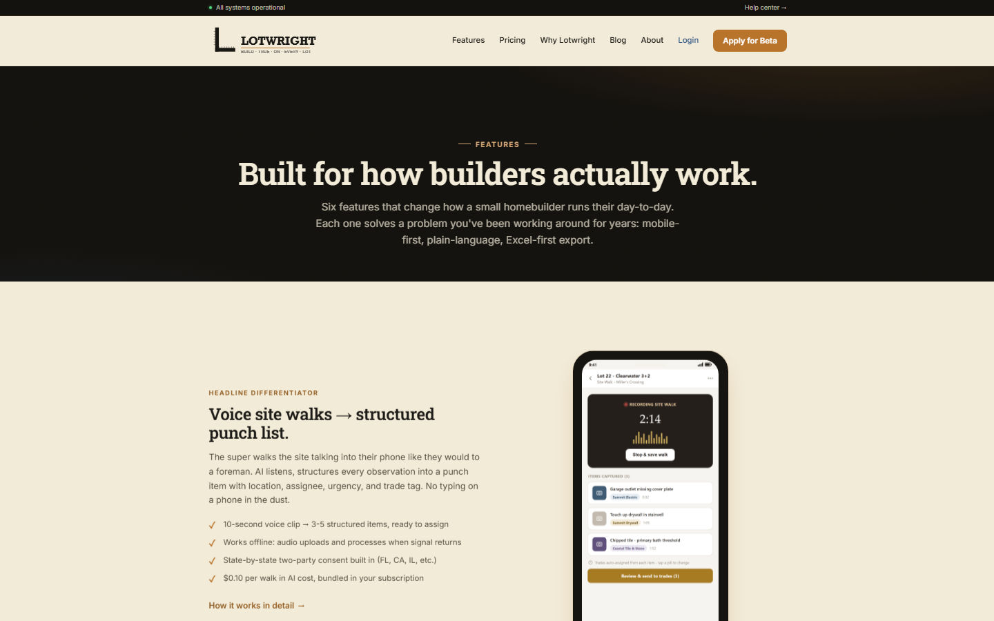 Lotwright features page: voice site walks become structured punch lists